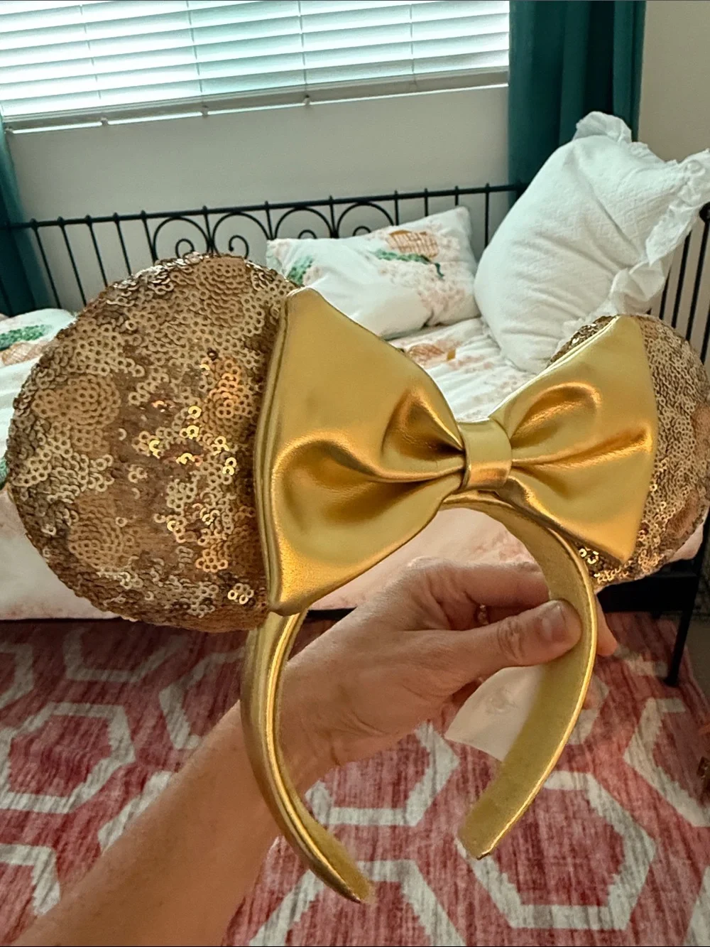 Disney Gold Sequin Minnie Ears Headband with Metallic Bow
